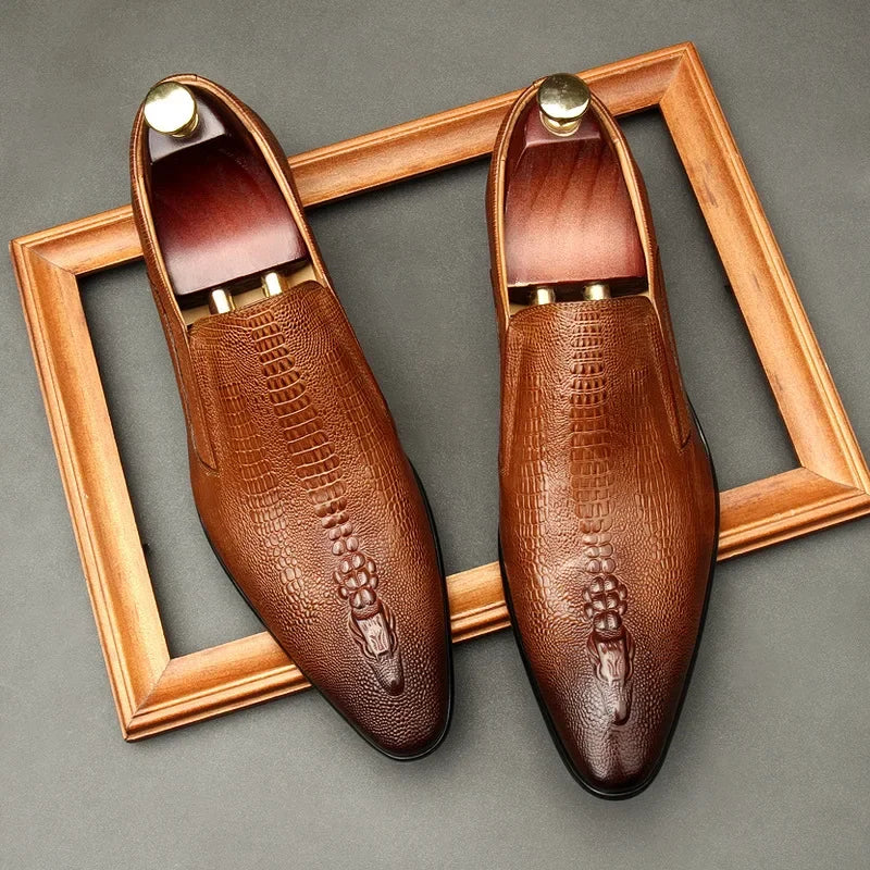 Sapato liso Oxford de couro genuíno masculino, preto, azul, padrão crocodilo, artesanal, sapatos formais, casamento, negócio, verão