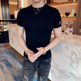 Camiseta bordada de luxo masculina, manga curta, slim fit, T elástica apertada, pulôver, camiseta casual de fitness, alta qualidade, verão, 2022