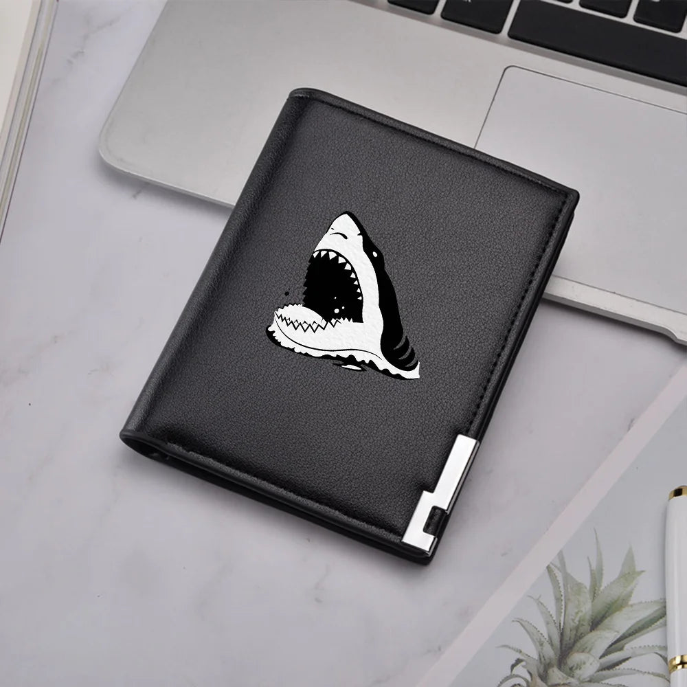 Carteira curta dobrável com estampa de tubarão branco, porta cartão masculino, presente de aniversário para meninos