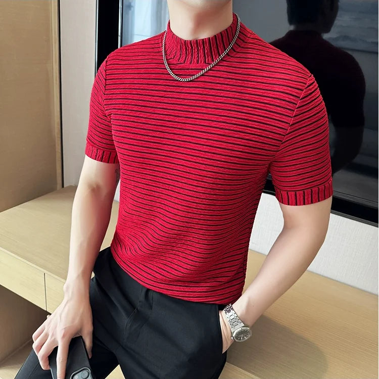 Moda listra impressa t camisas para homens verão casual meia alta pescoço fino ajuste respirável camisetas pullovers roupas masculinas 4xl-m