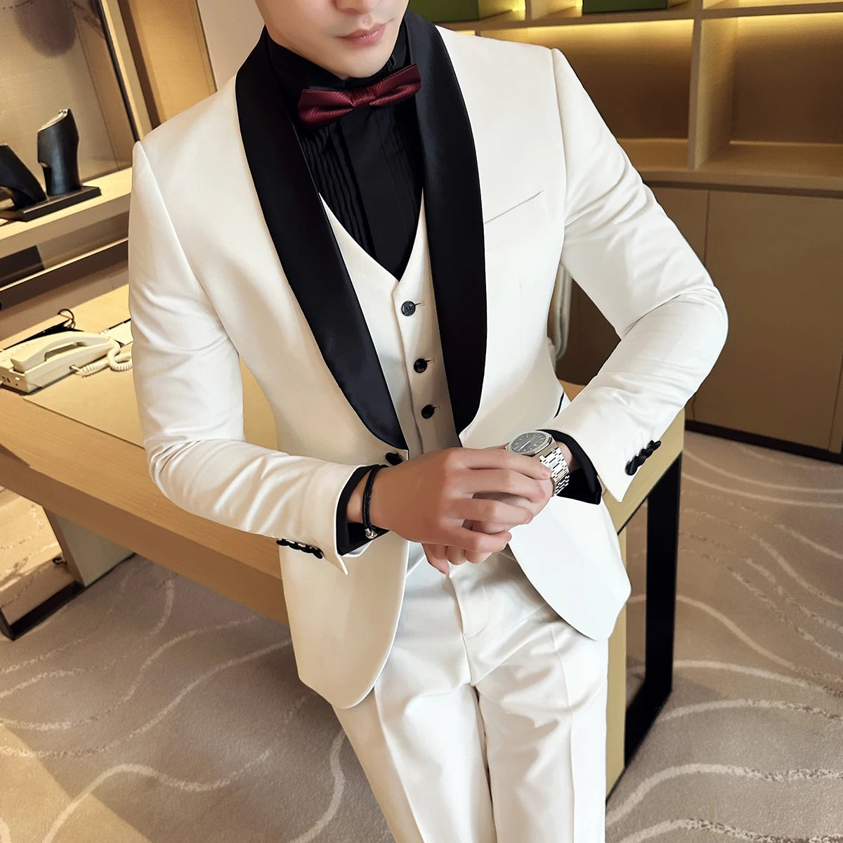 Smoking de casamento estilo britânico para o noivo, colarinho splicing, slim fit, terno social, jaqueta, colete, calças, plus size, 6XL, moda, 3 pcs set