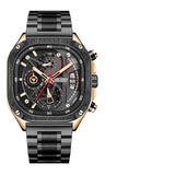 Megir relógio de quartzo preto masculino, à prova d'água, mostrador quadrado, relógio de pulso com cronógrafo, pulseira de aço inoxidável, mãos luminosas, data automática