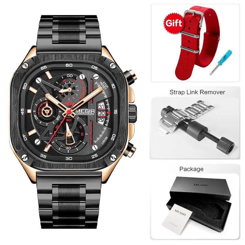 Megir relógio de quartzo preto masculino, à prova d'água, mostrador quadrado, relógio de pulso com cronógrafo, pulseira de aço inoxidável, mãos luminosas, data automática