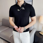 Moda verão novas camisas polo bordadas 2025 masculina de alta qualidade manga curta fino ajuste elástico casual camiseta topo roupas masculinas