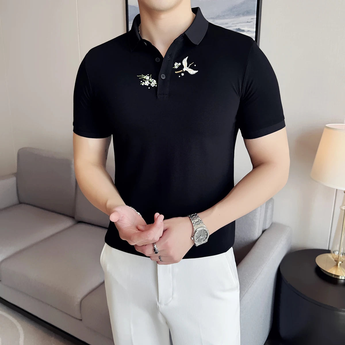 Moda verão novas camisas polo bordadas 2025 masculina de alta qualidade manga curta fino ajuste elástico casual camiseta topo roupas masculinas