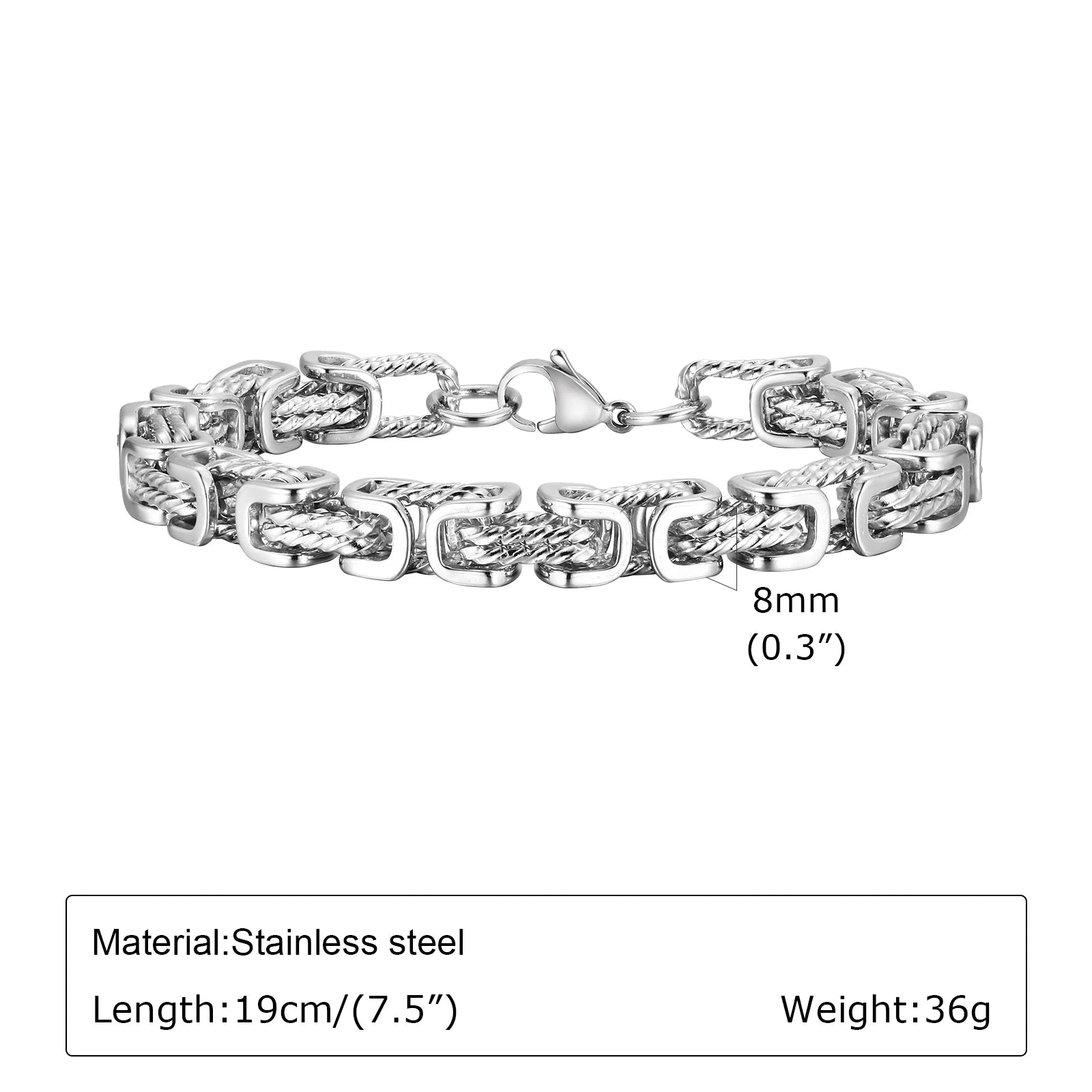 Pulseiras bizantinas grossas masculinas, pulseira retrô cinza de aço inoxidável de 8 mm com elo trançado, joia vintage presente para ele menino