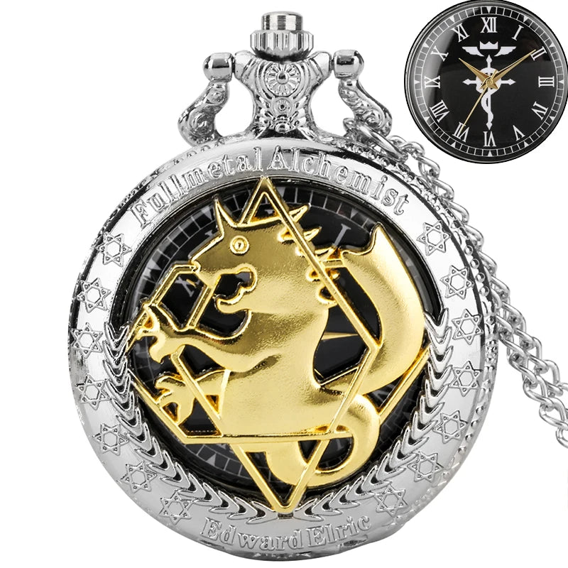 Vintage preto fullmetal alchemist relógio de bolso quartzo steampunk popular edward elric colar corrente fãs cosplay anime relógios