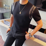 2025 moda emendado camisetas de couro verão novo em torno do pescoço manga curta magro casual t camisa masculina coreano roupas de luxo 4xl-m