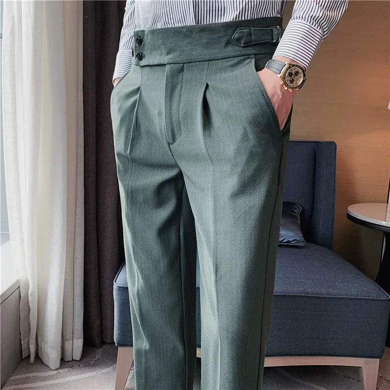 Estilo britânico outono novo vestido de cintura alta calças homens cinto design listras terno fino calças formal casamento festa social calças masculinas