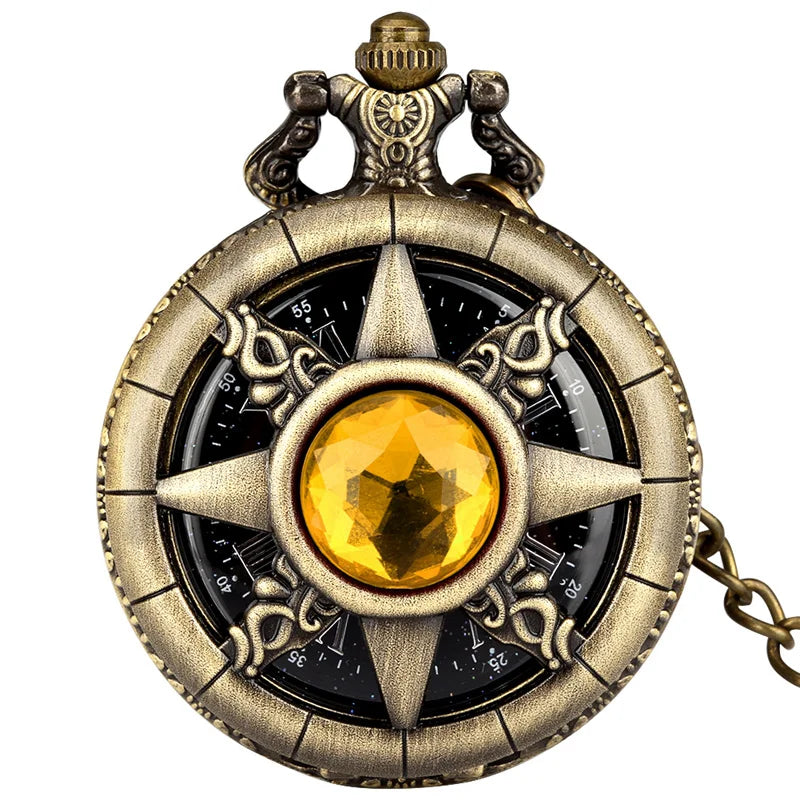 Exquisite Emerald-Green Stone Bronze Case Quartz Pocket Watch, Simples Dial Branco Cadeia Relógio, Colar Pingente para Homens e Mulheres