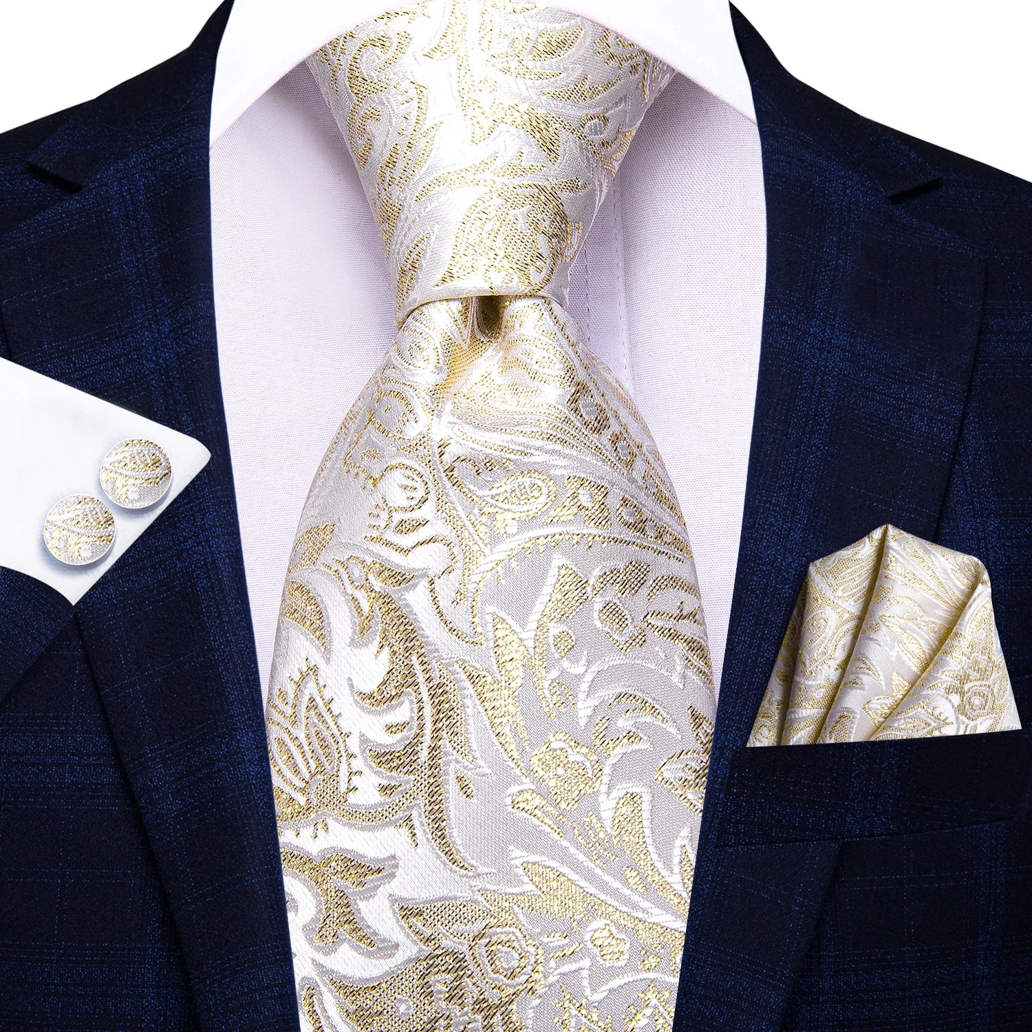 Hi-tie floral champanhe marfim masculino elegante gravata lenço abotoaduras para smoking moda clássico seda gravata de luxo para homem