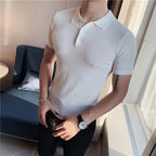 Estilo britânico verão camisa polo de malha cor sólida fino ajuste estiramento manga curta camiseta masculina negócios polos sociais streetwear