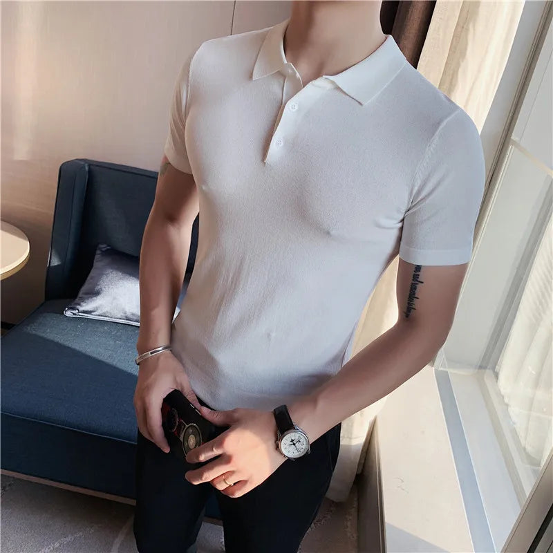Estilo britânico verão camisa polo de malha cor sólida fino ajuste estiramento manga curta camiseta masculina negócios polos sociais streetwear