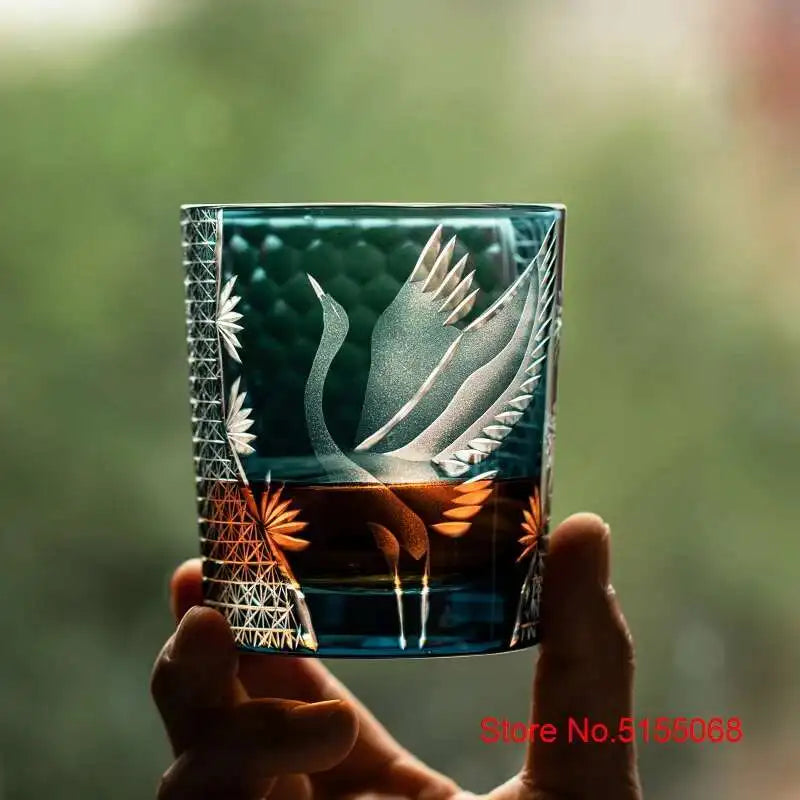 Japonês mão gravura pinheiro guindaste edo kiriko cristal copo de uísque trabalho da arte copo vinho brandy snifter saquê caneca copo de licor
