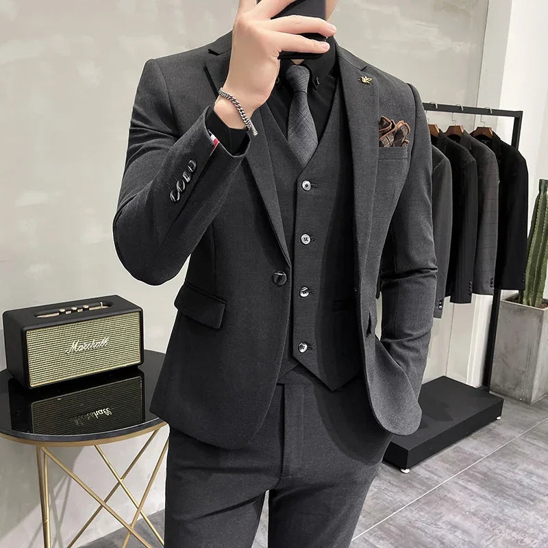 (Jaqueta + colete + calça) plus size 7xl-s masculino coreano fino ajuste noivo casamento negócios casual smoking masculino trabalho terno social 3 peças