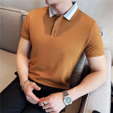 Verão de malha cor bloqueada listra colarinho polos camisas de alta qualidade moda masculina manga curta magro camiseta topo roupas masculinas