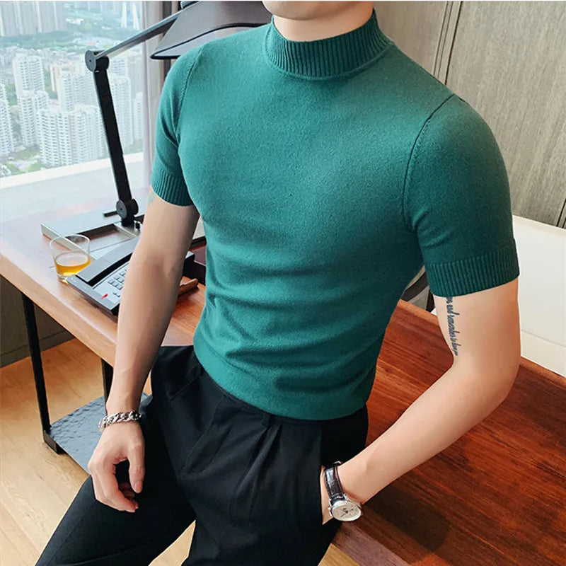 11 cores outono de alta qualidade manga curta malha t camisas dos homens fino sólido pullovers casual esticado camiseta streetwear homme