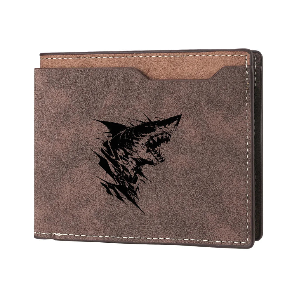 Carteira curta masculina com padrão de tubarão couro PU retrô design casual carteira com slot para vários cartões para jovens estudantes